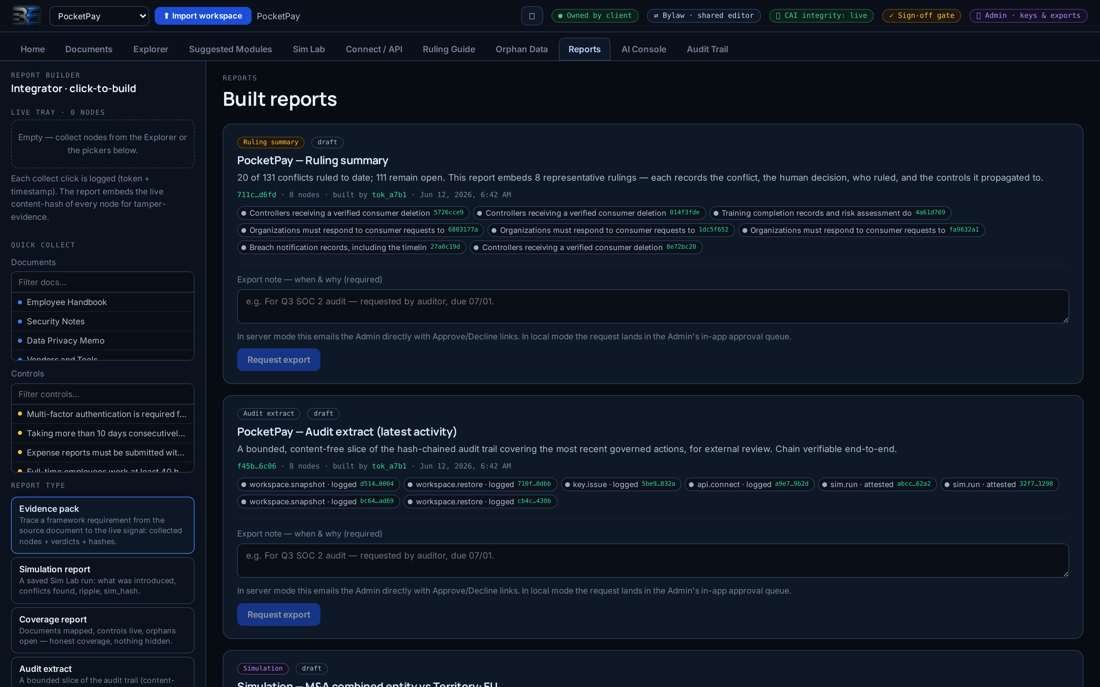 A built report with the hash of every node embedded &mdash; tamper-evident, and stuck at the locked export gate until approved.
