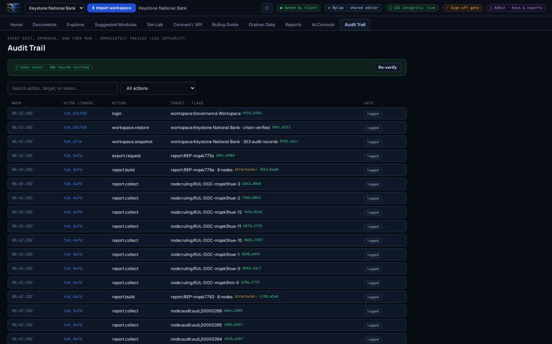 The Audit Trail with one-click chain verification &mdash; every action stamped, every record linked.