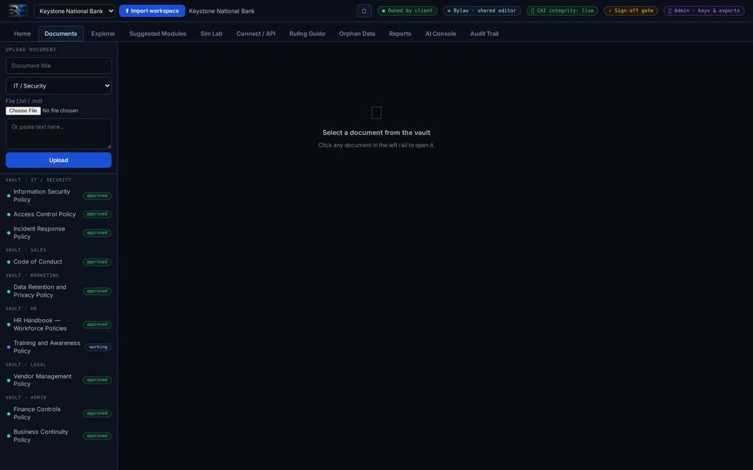 A governing document mid-pipeline: raw text, cleaned statements, the template, and the hash trail.